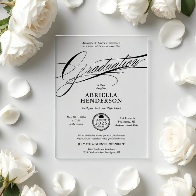 Eleganter und formaler Script-Abschluss Acryleinladungen (Elegant and Formal Acrylic Graduation Announcement and Invitation)