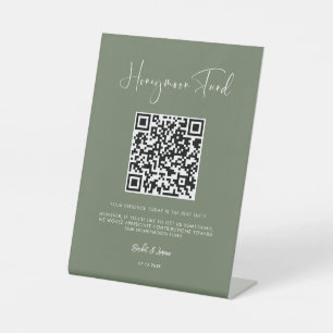 Eleganter und moderner Dark sage Honeymoon Fund QR Sockelschild