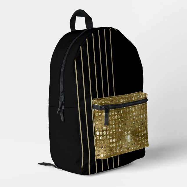 Eleganter und schicker Schwarz-Gold-Glitzer gestre Bedruckter Rucksack (Rückseitige Ecke links)
