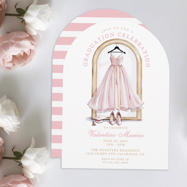 Eleganter und weißer rosafarbener Abschluss Einladung (Elegant Pink Dress and Graduation Cap with heels. Elegant Pink Graduation Invitation)
