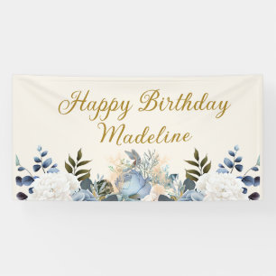 Eleganter verstaubter blauer Blumen- Happy Birthda Banner
