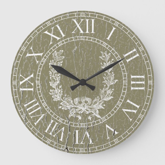 Eleganter verwitterter Franzose-Kranz Große Wanduhr (Vorderseite)