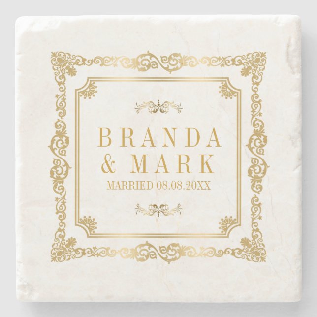 Eleganter, Verzierter Vintager Blumenrahmen Steinuntersetzer (Vorderseite)