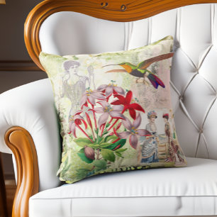 Eleganter Viktorianisch Fashion Collage Blume Bird Kissen