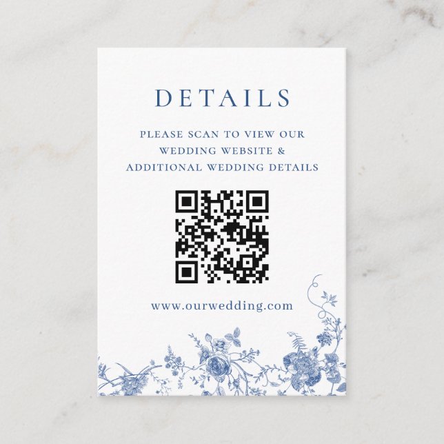 Eleganter Viktorianischer Blue Floral QR-Code Deta Begleitkarte (Vorderseite)