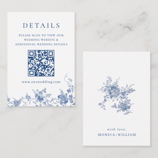 Eleganter Viktorianischer Blue Floral QR-Code Deta Begleitkarte (Vorne/Hinten)