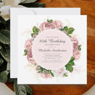 Eleganter Vintag Blush Pink Flora 80. Geburtstag Einladung