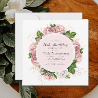 Eleganter Vintag Blush Pink Floral 70. Geburtstag Einladung