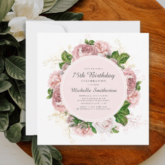 Eleganter Vintag Blush Pink Floral 75. Geburtstag Einladung