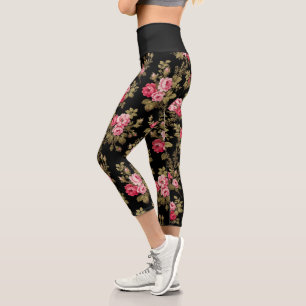 Eleganter Vintag rosa Rosen-Schwarzer Hintergrund Capri Leggings