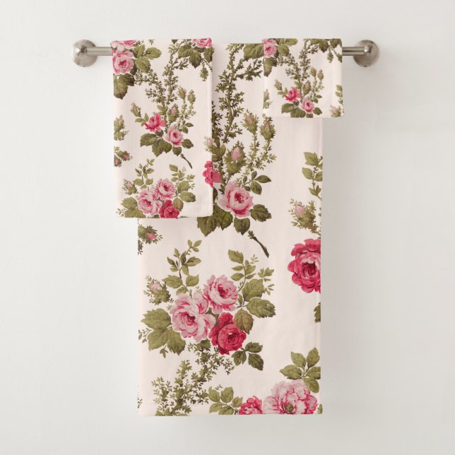 Eleganter Vintag rosa Roses-Buff Hintergrund Badhandtuch Set (Insitu)