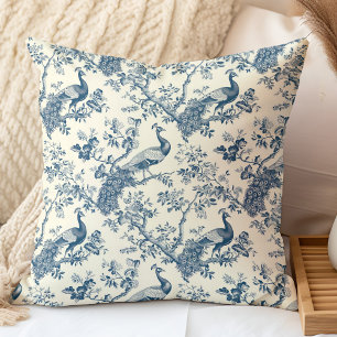 Eleganter Vintage-Blauer Chinoiserie-Pfau Kissen