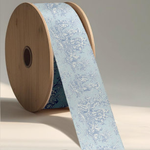 Eleganter vintage blauer grauer Toile De Jouy Sati Satinband