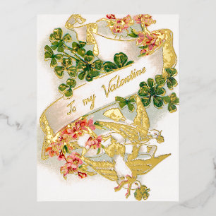Eleganter Vintage-Blumen-Valentinstag mit Tauben Folien Feiertagspostkarte