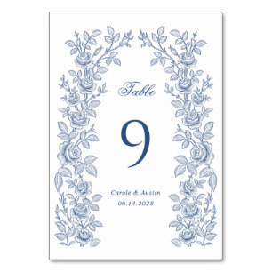 Eleganter Vintage-Blumenrahmen Blaue Hochzeit Tischnummer