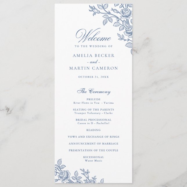 Eleganter Vintage-Blumenrahmen Navy-Blau Hochzeit  Programm (Vorderseite)
