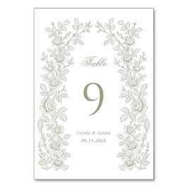 Eleganter Vintage-Blumenrahmen Salbeigrün Hochzeit Tischnummer