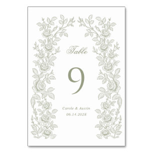 Eleganter Vintage-Blumenrahmen Salbeigrün Hochzeit Tischnummer