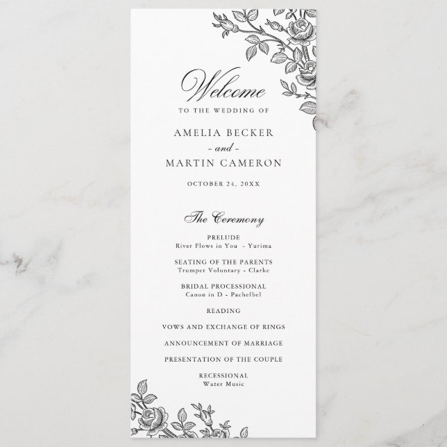 Eleganter Vintage-Blumenrahmen Schwarz-Weiß-Hochze Programm (Vorderseite)