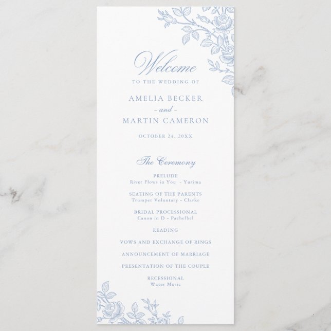 Eleganter Vintage-Blumenrahmen Staubblau-Hochzeit  Programm (Vorderseite)