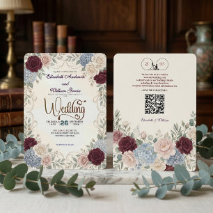 Eleganter Vintage Burgunder Floral Moderner QR Cod Einladung