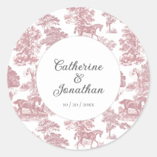 Eleganter Vintage-Chic-Rosa-Pferd-Toile-Hochzeit Runder Aufkleber