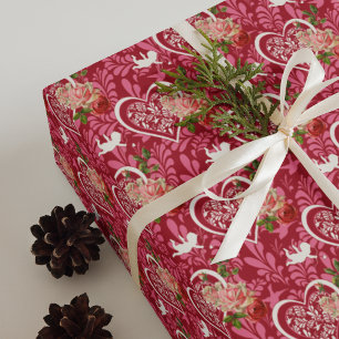 Eleganter Vintage-Cupid und rote Rose zum Valentin Geschenkpapier