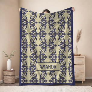 Eleganter vintage Damast navyblauer gelber Monogra Fleecedecke