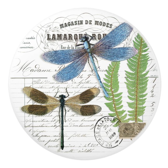 Eleganter Vintage-Libellen- und Farn-französischer Keramikknauf (Vorderseite)