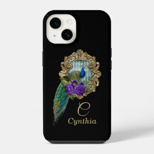 Eleganter vintage lila und grüner gerahmter Pfau iPhone 14 Hülle