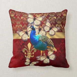 Eleganter vintage Pfau und roter Damast Kissen