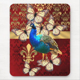 Eleganter vintage Pfau und roter Damast Mousepad