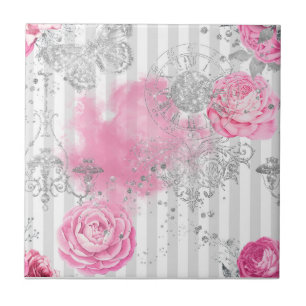 Eleganter Vintage-Rosa-Rosen-Silber-Glitter-Schmet Fliese