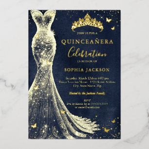 Eleganter Vintage-Schmetterling Navy-Gold Quincean Folieneinladung