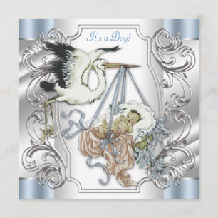 Eleganter Vintage-Silber- und Blaustorch-Babyjunge Einladung