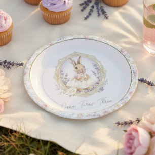 Eleganter Vintage-Wasserfarben-Hasen-Geburtstag Pappteller