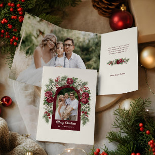 Eleganter Vintage-Weihnachts-Blumenbogen-Foto Dreifach Gefaltete Karte