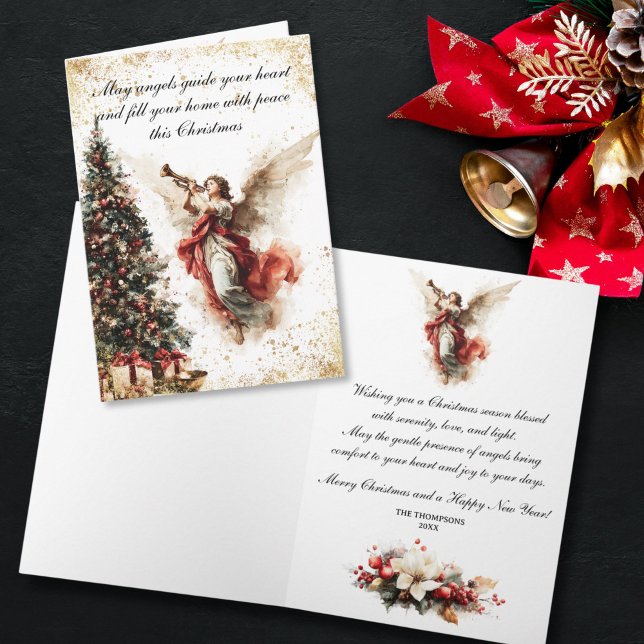 Eleganter vintage Weihnachtsengel Feiertagskarte (Vintage holiday greeting card depicting an angel with golden accents and floral elements)
