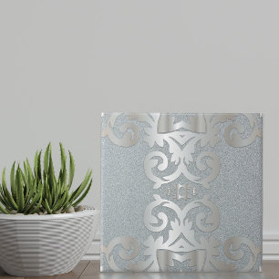 Eleganter Vintager Barock Shiny Silver Damask Fliese
