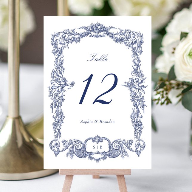 Eleganter Vintager barocker Blumenrahmen Navy Blue Tischnummer (Von Creator hochgeladen)