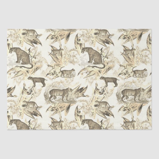 Eleganter Vintager Beige Wilde Katzen Dschungel Seidenpapier (Vorderseite)