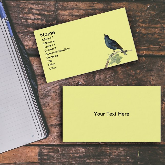 Eleganter Vintager Black Bird Gelb Visitenkarte (Singing black bird on branch leaves caterpillar on bright yellow business cards.)