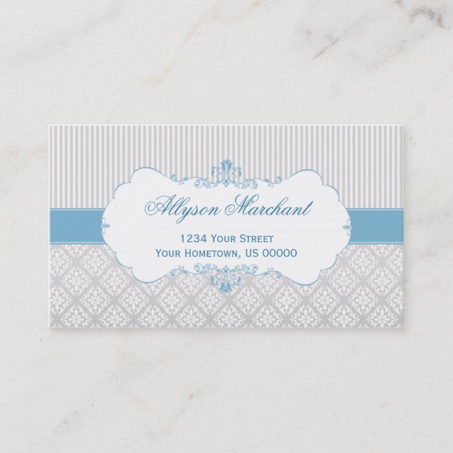 Eleganter Vintager blauer graues Weiß-Damast und Visitenkarte (Vorderseite)