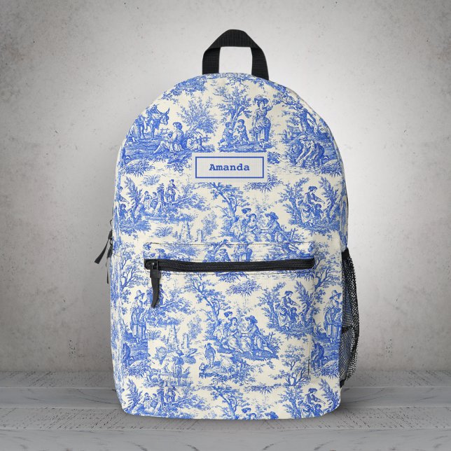 Eleganter Vintager Blauer Jouy Bedruckter Rucksack (Von Creator hochgeladen)