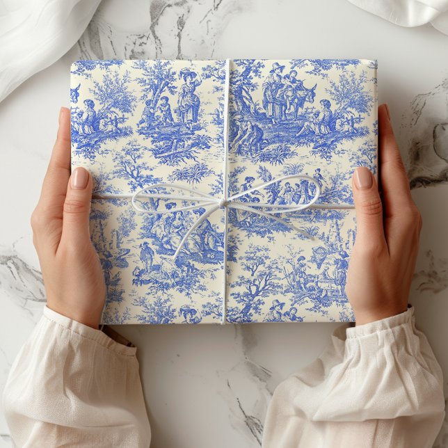 Eleganter Vintager Blauer Jouy Geschenkpapier (Von Creator hochgeladen)