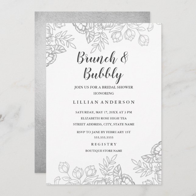 Eleganter, Vintager Blumenbrunch und Bubbly Einladung (Vorne/Hinten)