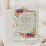 Eleganter Vintager Blumenfrauen 30. Geburtstag Einladung<br><div class="desc">Elegante Vintage lila,  rote und gelbe Aquarellfarben Blumen- und Goldrahmen Frauen 30. Geburtstag Party Einladung. Text ist vollständig anpassbar,  sodass diese Karte für jedes Alter geändert werden kann.</div>
