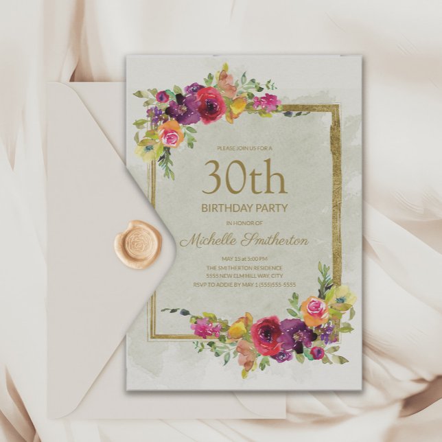 Eleganter Vintager Blumenfrauen 30. Geburtstag Einladung (Elegant vintage 30th birthday party invitation with pink and purple watercolor floral and gold frame)