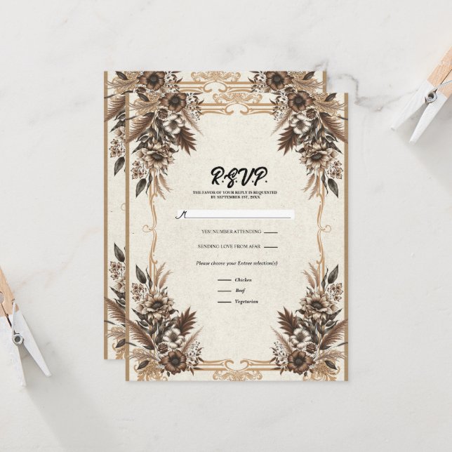 Eleganter Vintager Bohemischer Blumenhochzeitplan Einladung (Vorderseite/Rückseite Beispiel)