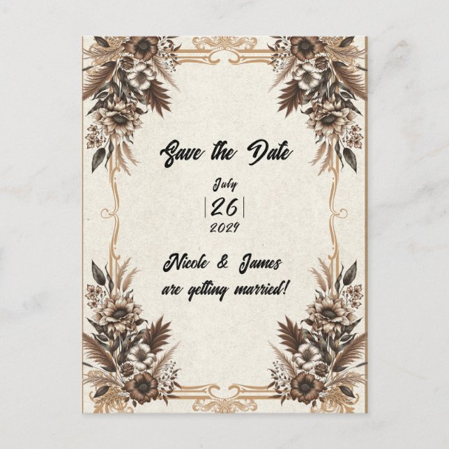 Eleganter Vintager Bohemischer Blumenhochzeittag Ankündigungspostkarte (Vorderseite)